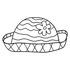 Cartoon doodle linear female hat with flower isolated on white background. Vector illustration.