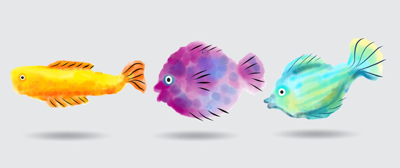 a collection of cute watercolor fish illustrations that are great for children's t-shirts