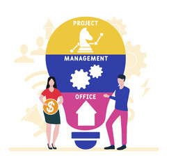 Flat design with people. PMO - Project Management Office. acronym, business concept background.   Vector illustration for website banner, marketing materials, business presentation, online advertising