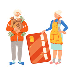 Senior Man and Woman Holding Sack with Dollar Banknotes and Bank Card Vector Illustration