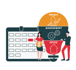 Flat design with people. PMO - Project Management Office. acronym, business concept background.   Vector illustration for website banner, marketing materials, business presentation, online advertising
