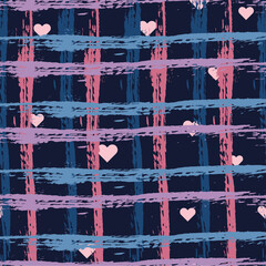 Hand-drawn seamless checkered pattern with brush strokes and hearts .Blue and pink stripes on  dark blue background. Vector pattern for printing on fabric, gift wrapping, covers, wallpapers.