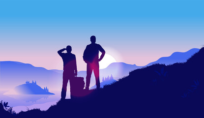 Male friendship - Two friends on hiking trip in nature wilderness, watching sunrise and beautiful view. Vector illustration.
