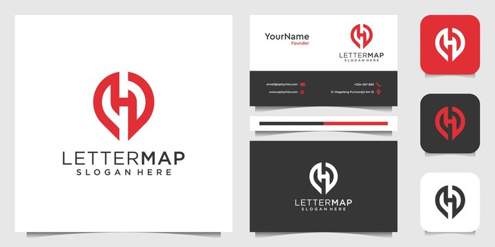 Pin location with letter h logo and business card inspiration