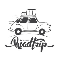 Hand drawn travel retro car with luggage on the roof and handwritten lettering of Road Trip. Sketch line design.