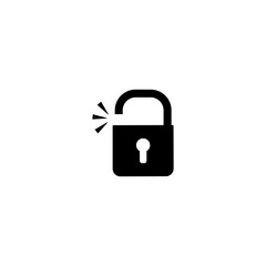 An open lock. Open padlock. A symbol of broken web protection, hacker attack, cyber crime. Solid black vector icon isolated on a white background