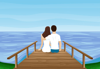 Illustration with a romantic couple sitting on a wooden bridge by the water.