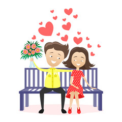 Romantic illustration with a young couple sitting on a bench on a white background.