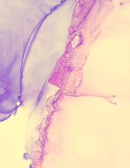 Fototapeta premium Wedding Card Template. Pink Pastel Fluid Water. Watercolour Color Wallpaper. Abstract Alcohol Ink Stains Texture. Wedding Invite Template. Yellow Pastel Fluid Liquid. Pink Wedding Card Design.