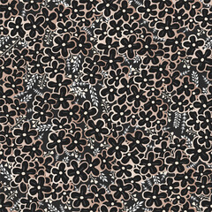 Vector seamless pattern with hand drawn gold flowers. Floral black backgrounds.