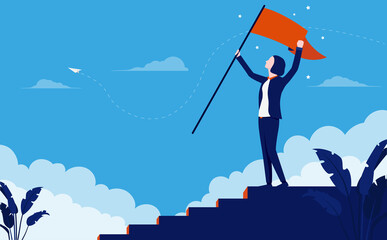 Successful woman on top of the corporate ladder celebrating victory. Female businessperson with raised flag and hands in air celebrating career success. Vector illustration. - obrazy, fototapety, plakaty