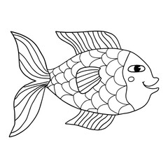 Happy thin line cute cartoon doodle fish. Hand drawn cheerful tropical aquarium animal. Icon isolated on white background.
