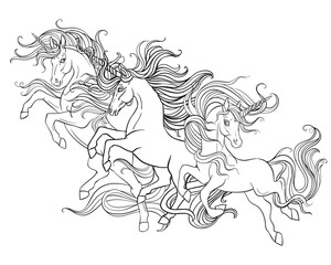 Running unicorns vector illustration coloring book page