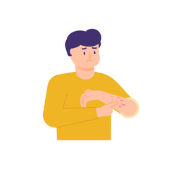 a man has a rash on the hands and itching on the hands, developing red patches. illustration of a person scratching his arm. the expression on the face of an uncomfortable person. flat style. vector