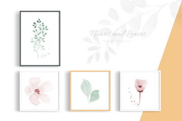 Minimalist style decorative art with flowers and leaves watercolor