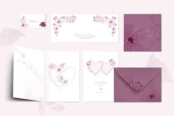 Set of pastel pink card template with floral and leaves watercolor