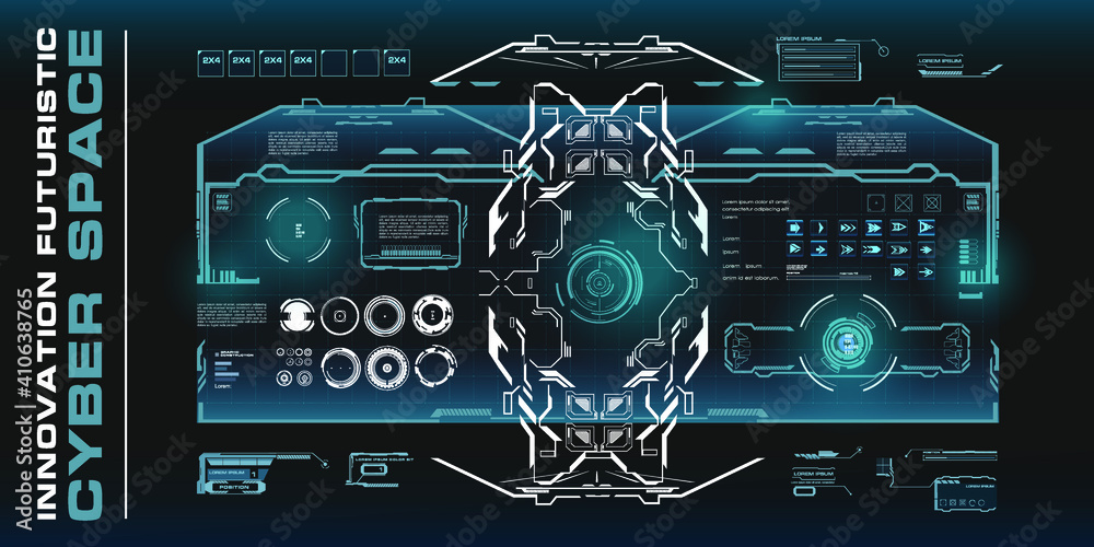 Poster holographic panel with automatic targeting target. telescopic sight with virtual display and user in