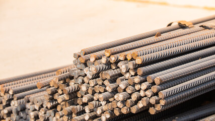einforcement steel rod and deformed bar with rebar at construction site.