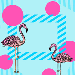 Beautiful fashionable pattern with flamingos, exotic birds. Abstract striped geometric texture