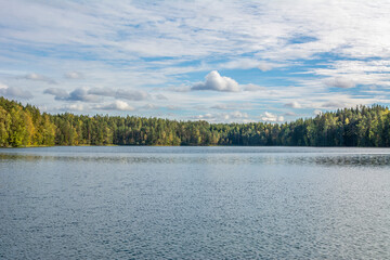 Beautiful view of The Lake Iso-Valkee and forest in autumn, Somero, Finland