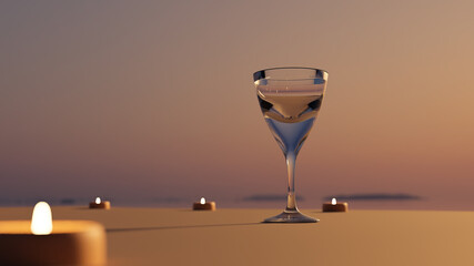 February 14th 3d illustration valentine day 2 armchairs on a background of the sea relax time with candles and glasses on the table