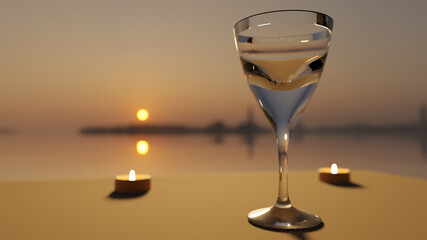 February 14th 3d illustration valentine day 2 armchairs on a background of the sea relax time with candles and glasses on the table
