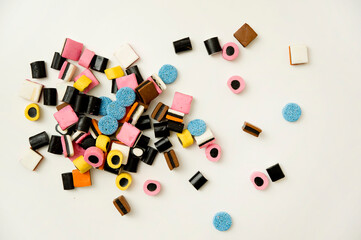 Sweet gummies, licorice gums, candies for kids and grown-ups .