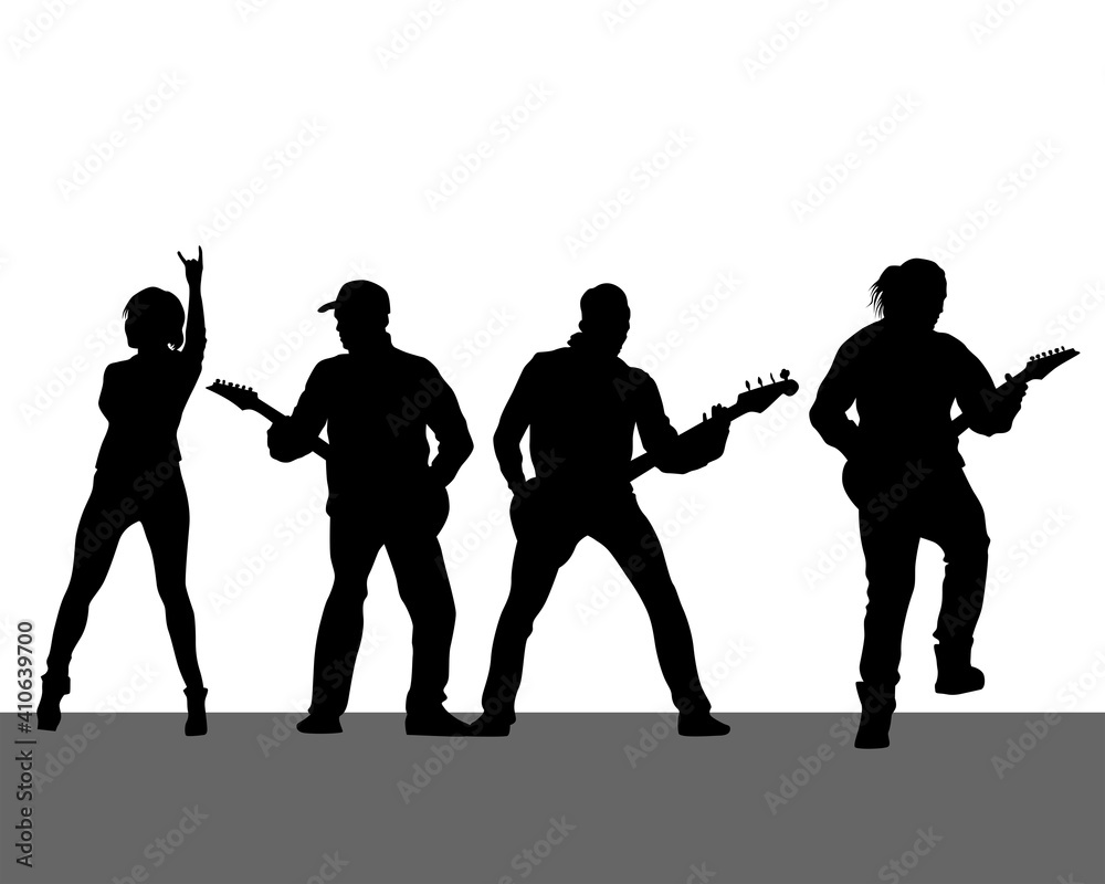 Wall mural rock band musicians on stage. isolated silhouettes on a white background