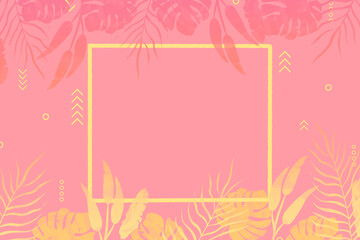 Pink summer tropical background with palm leaves and exotic plants. Art