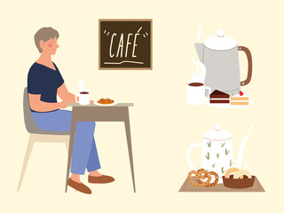 coffee shop, woman sitting with cup and croissant, service restaurant