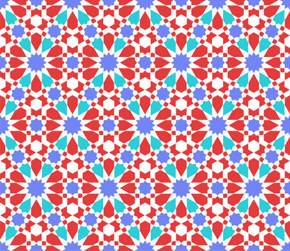 Seamless arabic geometric ornament in red,blue and white colors.