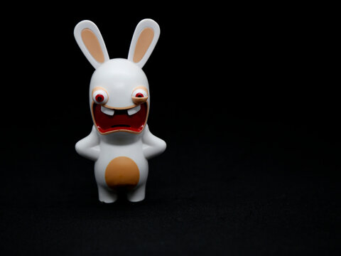 Rabbids invasion. Cartoon. Videogame. Mysterious race of rabbit-like creatures that have come from another planet. Toy. Isolated black.