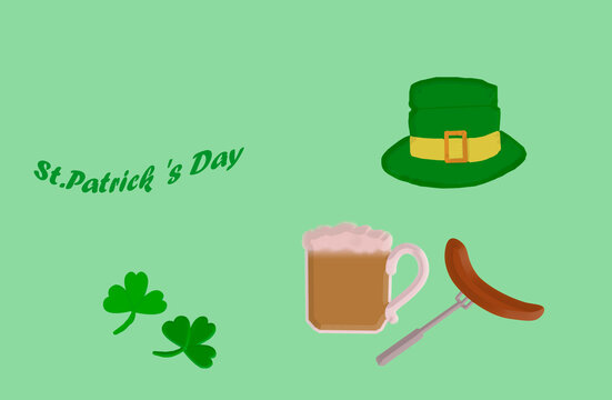 3 D - rendering. On a green background, two clover leaves, a green hat, a mug of beer with foam and a sausage on a fork. On the side is the inscription "St. Patrick's Day".
