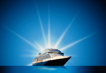 Cruise ship in open water - side view with copy space. Collage with abstract liner. Travel and...