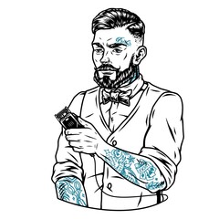 Bearded and mustached barber with tattoos