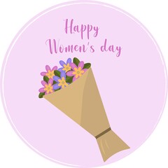 Happy women's day greeting card. Text with flowers bouquet. Postcard on March 8. 