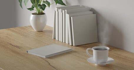 3d render Working desk with white background. blank book, green plant and coffee cup on wood table. minimal workspace. simple wall interior design concept template.