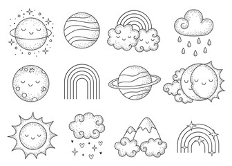 Vector hand drawn celestial collection with cute planets, clouds, rainbous, stars