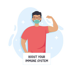 boost your immune system lettering with man strong wearing medical mask