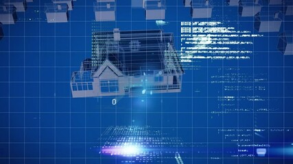 Digital animation of data processing against 3d city model spinning on blue background - Powered by Adobe