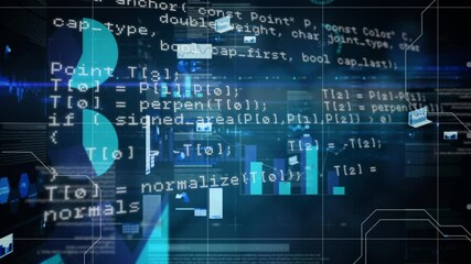 Digital animation of data processing over financial data processing on blue background