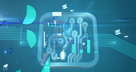 Digital animation of financial data processing against microprocessor connections on blue background - Powered by Adobe
