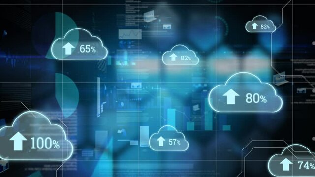 Digital animation of multiple cloud icon with increasing percentage against financial data processin