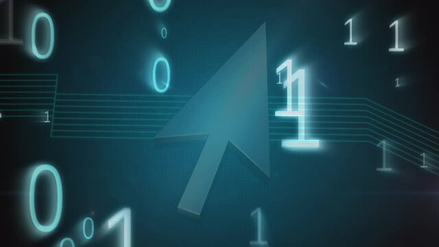Digital animation of binary coding data processing against arrow icons and light trails on blue back