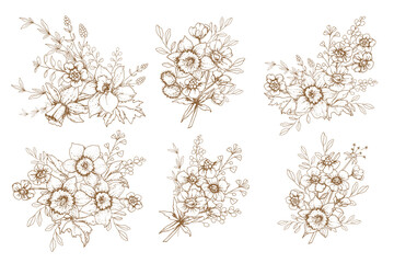 Vintage set of contour bouquets of spring flowers. Vector illustration in a flat style.