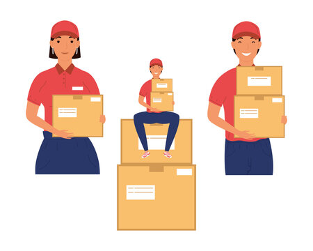 group of delivery workers with boxes characters