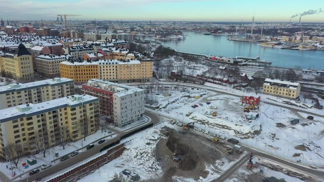 Aerial view of construction site in Stockholm, Sweden.