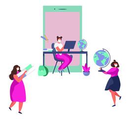 Online Education and Distance Learning during Quarantine.Schoolgirl Get Knowledge From the Internet.
Online School.
Schoolchildren Communicate Online in Coronavirus.Flat Vector Illustration