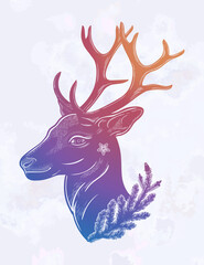 Deer head silhouette with coniferous branch. Dreamy magic art. Night, nature, wicca symbol. Isolated vector illustration. Great outdoors, tattoo design.