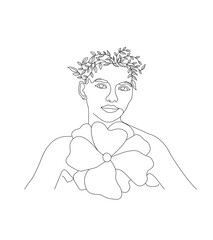 Abstract face with flowers by one line vector drawing. Portrait minimalistic style. Botanical print. Nature symbol of cosmetics. Modern continuous line art. Fashion print. Beaty salon logo.